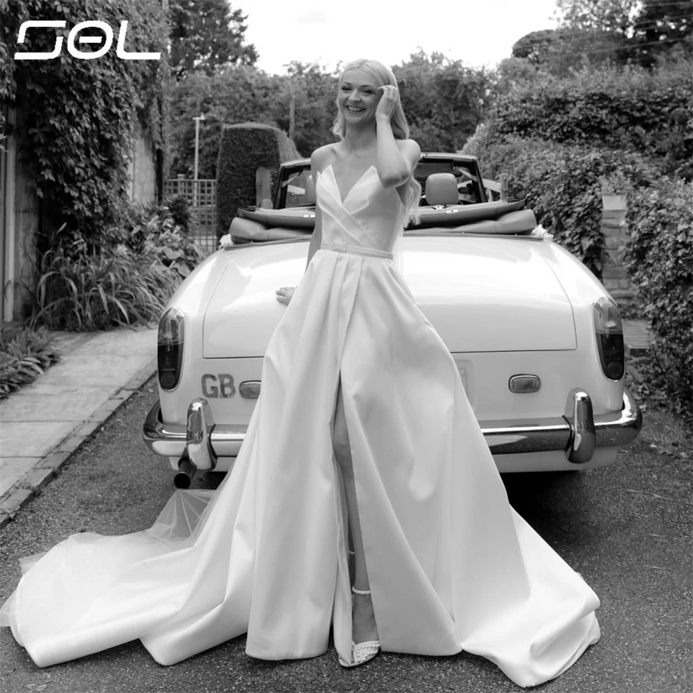 

SOL Elegant V Neck Pleat High Side Slit Satin Wedding Dresses Simple Backless A-Line Sweep Train Bridal Gowns Vestidos De Novia