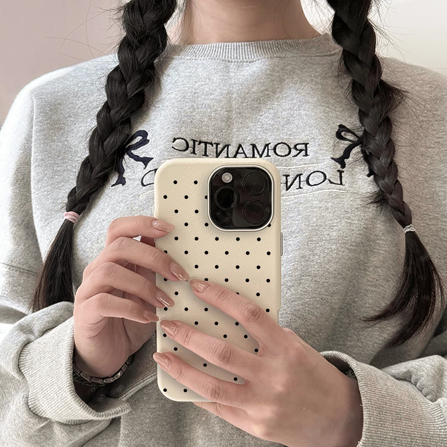 Chic Polka Dot Leather Texture Phone Case with Korean Design