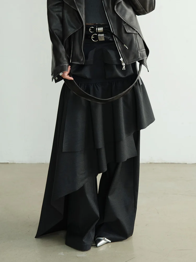 [EAM] High Elastic Waist Black Pleated Ruffles Long Wide Leg Pants New Trousers Women Fashion Tide Spring Autumn 2026 1DH8255