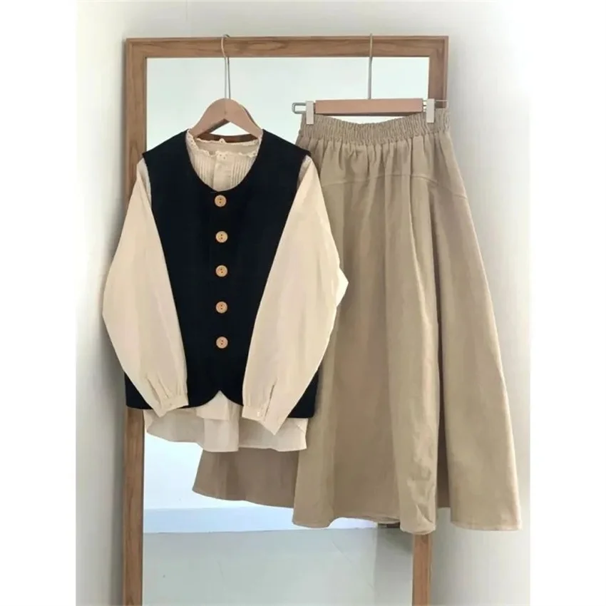 

3Pcs/set Korean Dress Sets Women Loose Apricot Shirt+Black Sleeveless Vest+Elastic Waist Maxi Skirts Autumn Three Peices Sets