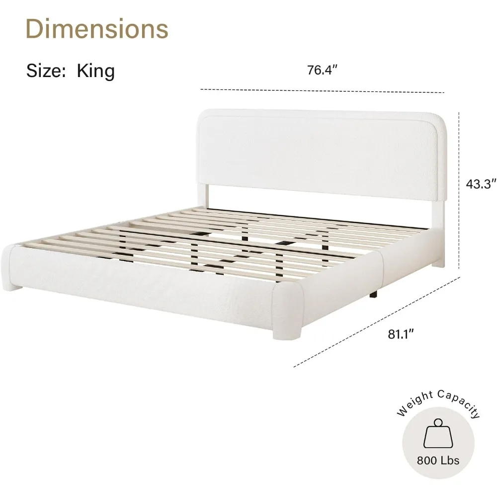 Bed Frame and Headboard, Boucle Upholstered Platform Bed Frame, Modern Style, Soft Rounded Corners, No Box Spring Required, 2
