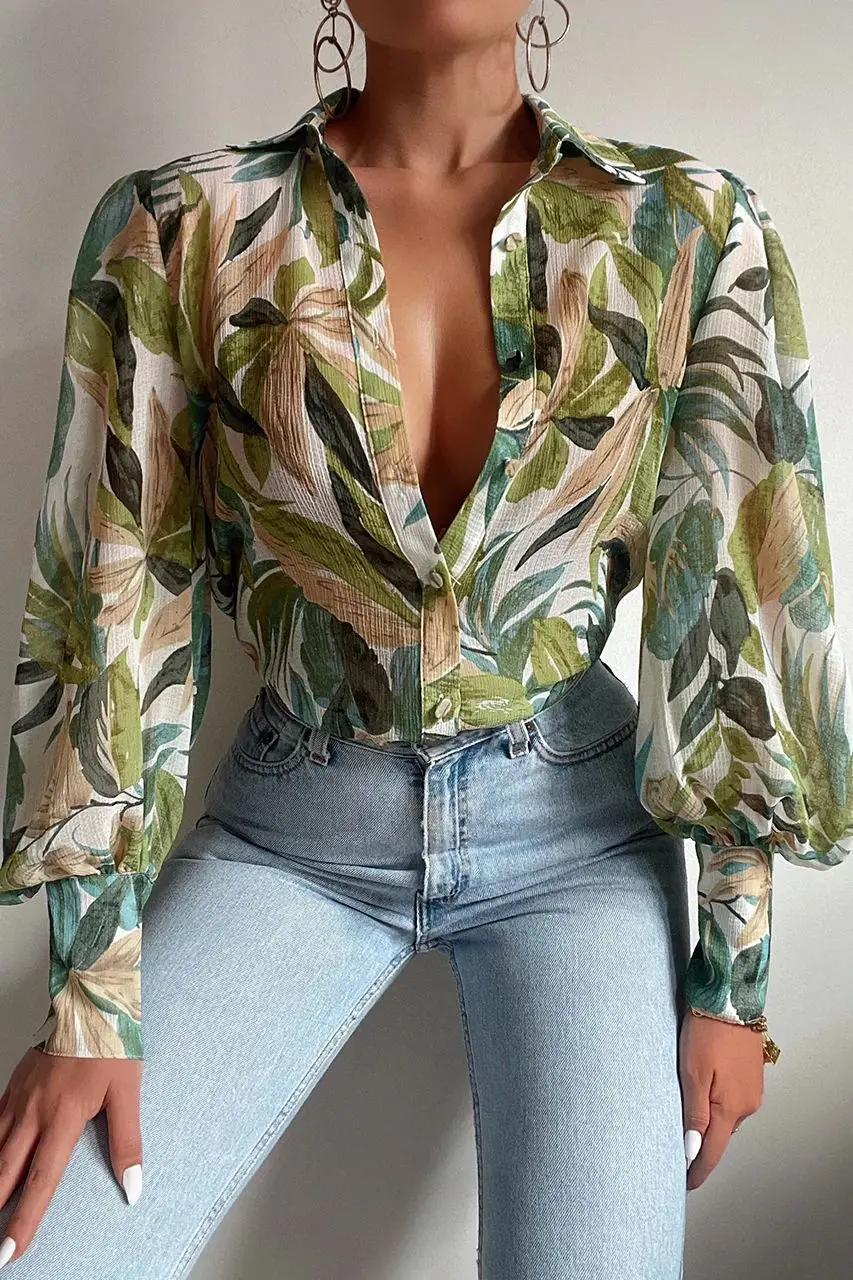 

Print Ladies Lantern Blouses 2023 Fashion Spring Office Vintage Floral Tops Button Up Long Sleeve Shirts