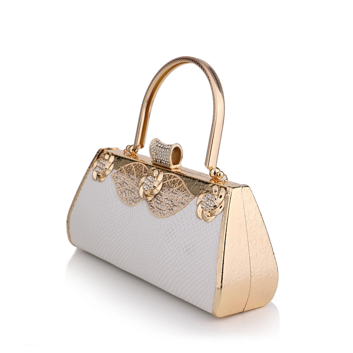 White Luxury Evening Clutch PU Handbag with Diamonds and Handle