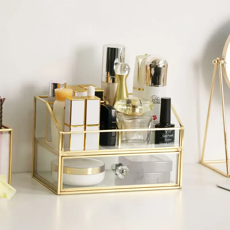 

Organizer Lipstick Edge Perfume Pencil Cosmetic Golden Makeup With Tools Glass Covered Bathroom Box