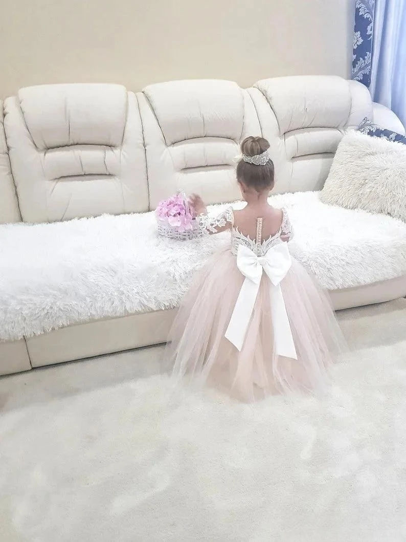 White Lace Flower Girl Dress Removable Trailing Bow See-through Sleeves Birthday Party First Communion Dress