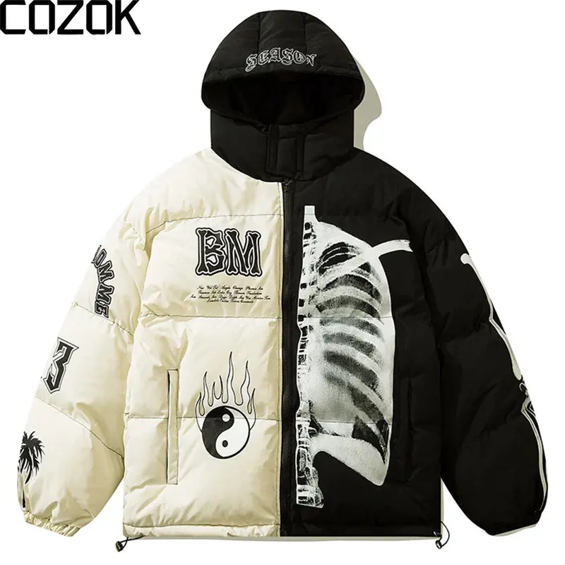 

Winter Hooded Parka Jacket Men Patchwork Yin Yang Skeleton Print Thicken Warm Padded Coats Harajuku Fashion Outwear Unisex 2022