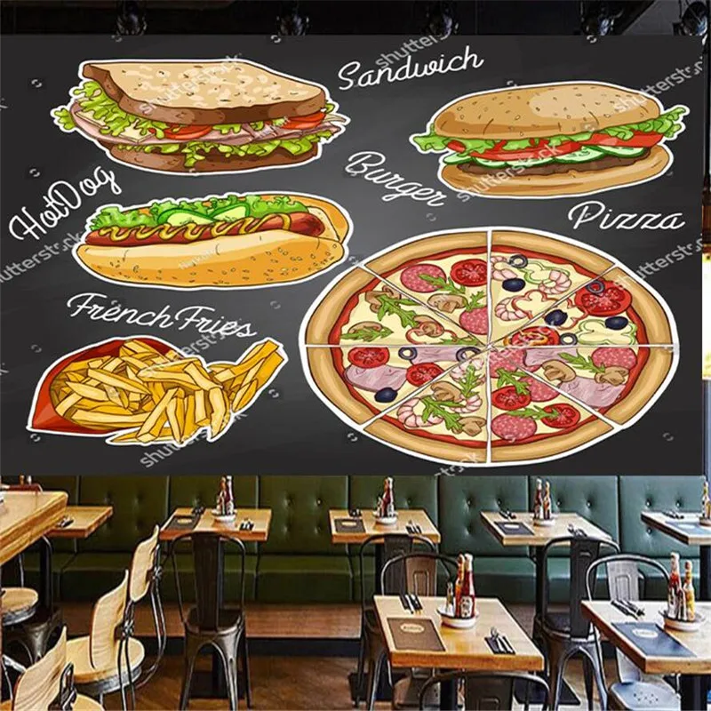 

Hand-painted Pizza Burger Fast Food Restaurant Industrial Decoration 3D Mural Wallpaper Snack Bar Wallpapers Papel De Parede