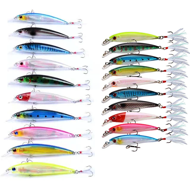 10pcs Laser Minnow Crankbait Fishing Lures Set Sea Bass Feather