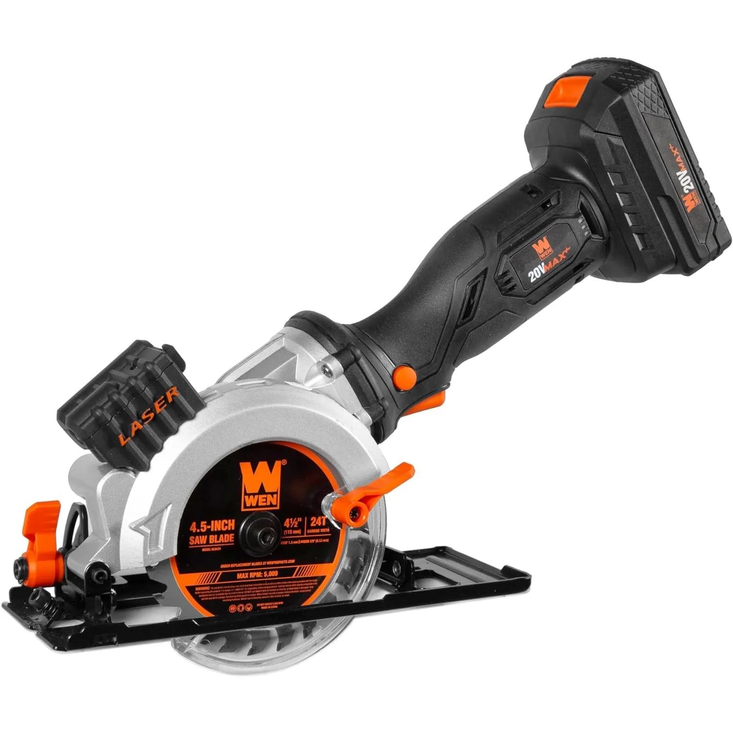 

WEN 20V Max 4-1/2-Inch Cordless Mini Circular Saw with 2.0Ah Battery and Charger (20604)