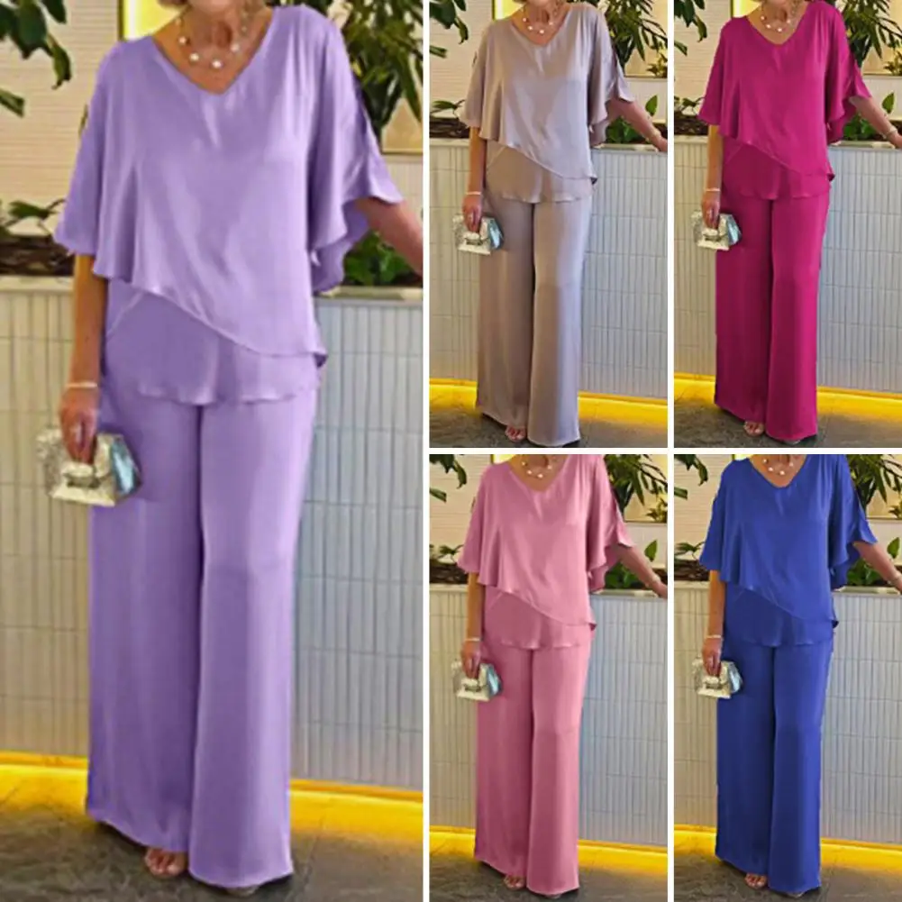 Tuta primaverile madre elegante da donna con scollo a V manica a pipistrello pantaloni a gamba larga Set pantaloni t-shirt madre primavera estate traspirante