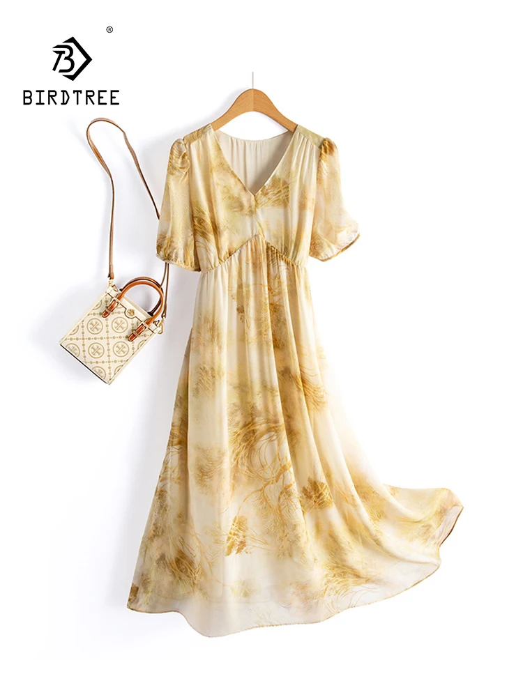 

BirdTree, 100%Real Silk Elegant Dresses, Women V Neck Halo Dyeing, Temperament French Commute Dress, 2024 Summer New D44620QC