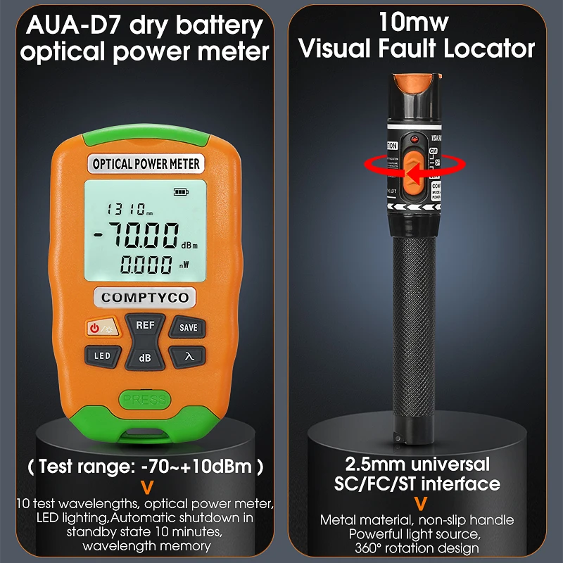 AUA-7S FTTH Fiber Optic Tool Kit -70~+10dBm/-50~+26dBm Mini Optica Power Meter and 10mW Visual Fault Locator Fiber Cleaver