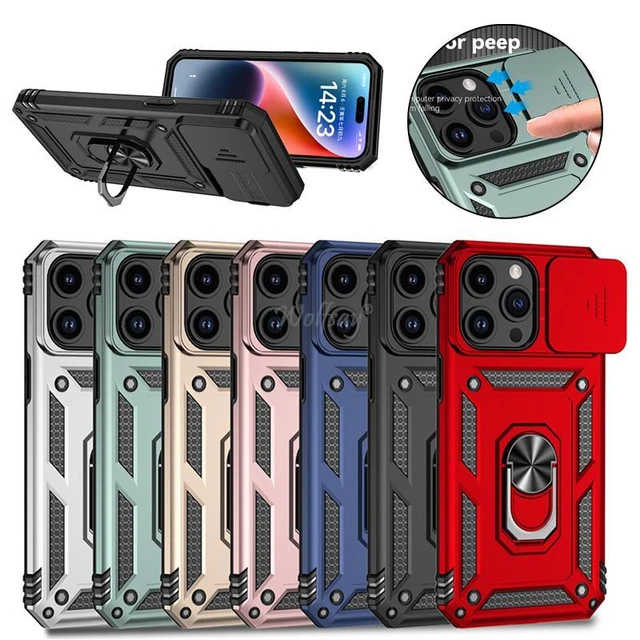 Funda con ventana deslizante militar para iPhone 15 Pro Max, carcasa con  anillo de Metal, soporte magnético, Protector contra caídas para iPhone 15  14 13 - AliExpress