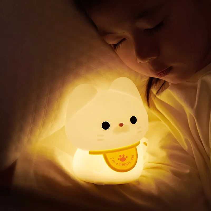 Lucky Cat Night Light USB Charging Timer LED Silicone Tapping Light Children's Bedside Warm and Healing lamps