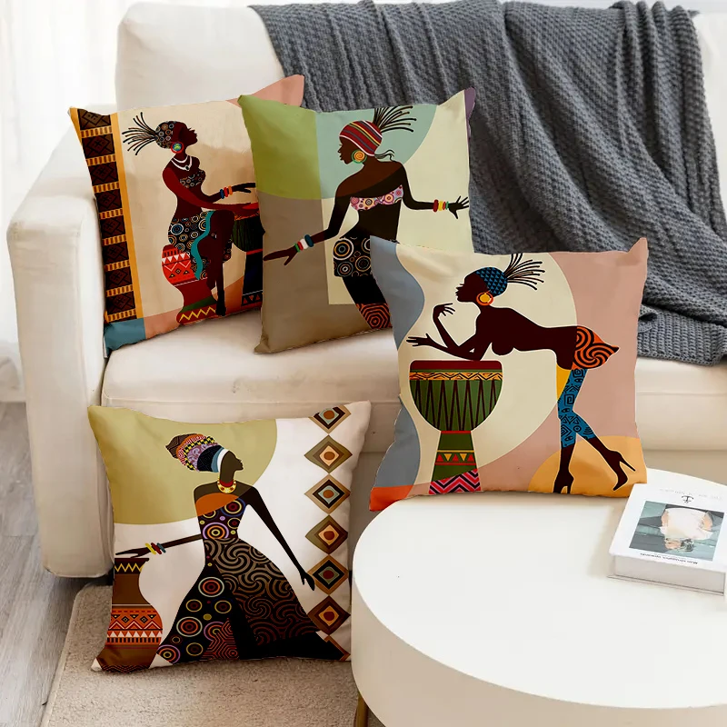 

Tribe Black Female Hand Drum Clay Pot Printed Soft Square Pillowslip Linen Blend Cushion Cover Pillowcase Living Room Home Decor