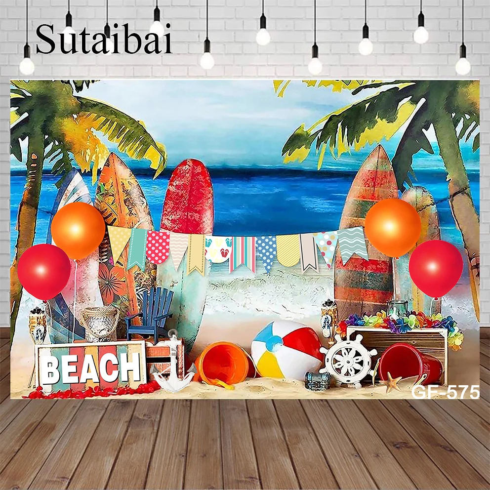

Summer Tropical Beach Backdrop Hawaii Luau Aloha Flamingo Ocean Surfboard Seaside Holiday Party Birthday Photography Background
