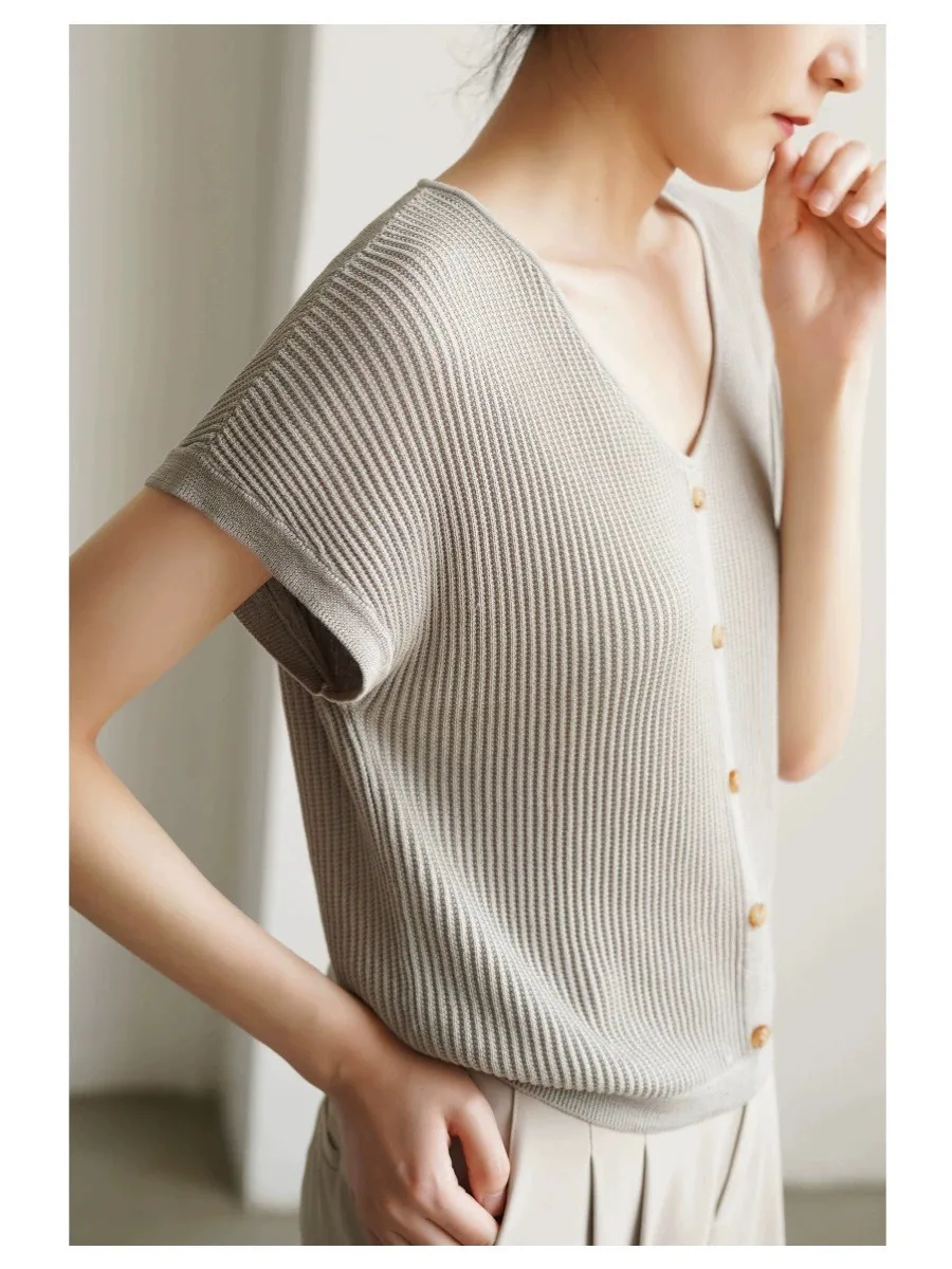 Senior sense of temperament V-neck ice silk knitwear women's summer casual loose short sleeve mulberry silk T-shirt slimming top