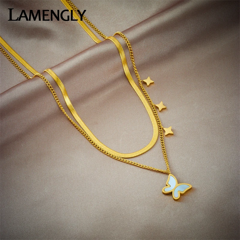 

LAMENGLY 316L Stainless Steel Star Butterfly Pendant Necklace For Women Fashion Girls Multilayer 2in1 Chains Jewelry Gift Bijoux