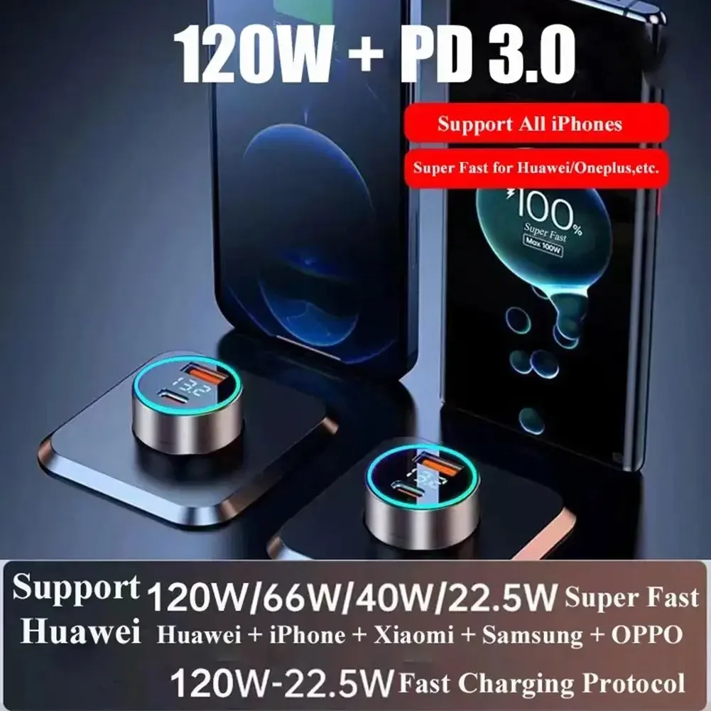 Car Charger Total 120W PD USB Car Charger Fast Charging Mobile Phone Quick Charger 3.0 Portable Adapter For iPhone 15 Xiaomi Samsung Huawei