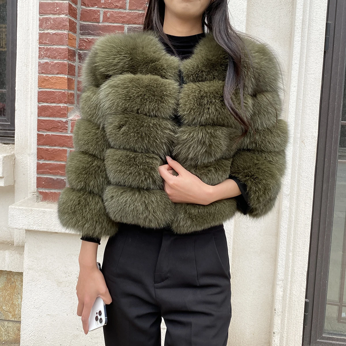 Green Parka Coat Outerwear Khaki Fur Coat Premium Wool Fox Fur