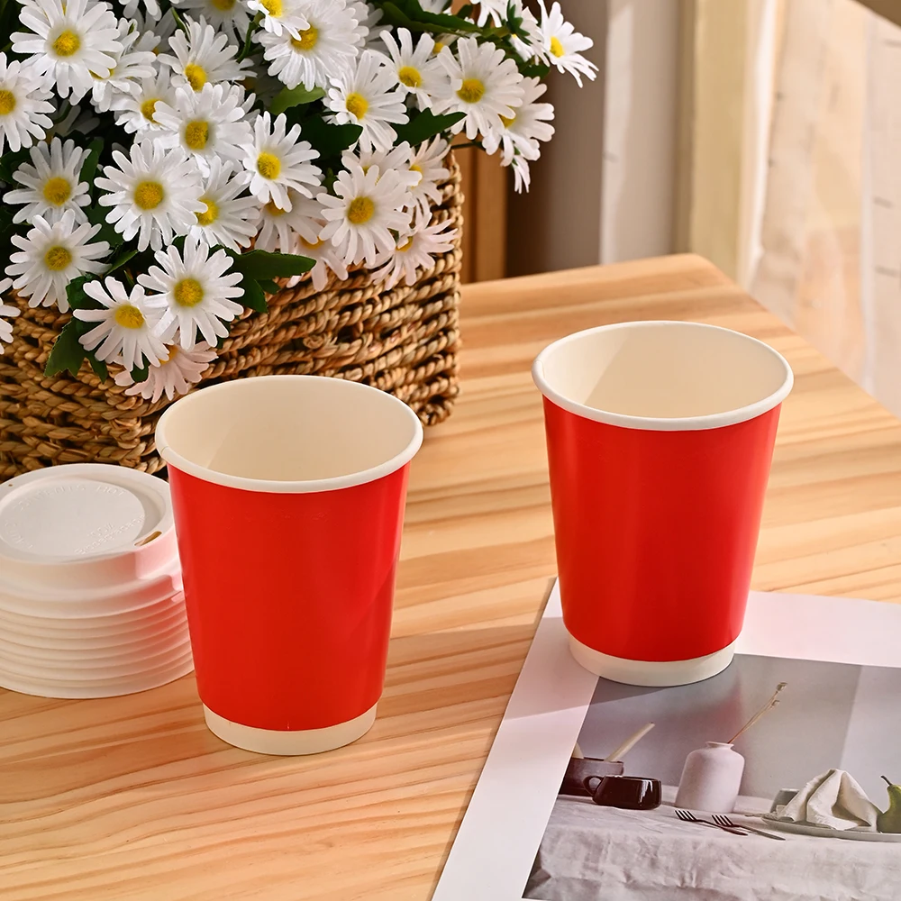 일회용 튼튼한 누출 방지 테이크 아웃 컵, 흰색 뚜껑이 있는 이중 벽 종이 컵, 뜨거운 12OZ 커피 컵 뚜껑 세트