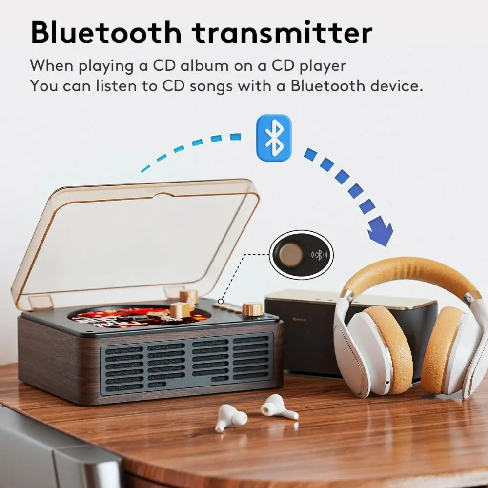 Nostalgic Built-in Speakers Wood CD Player Bluetooth Transmitter Bass Boost Music Player Walnut Brown Wired M Radio