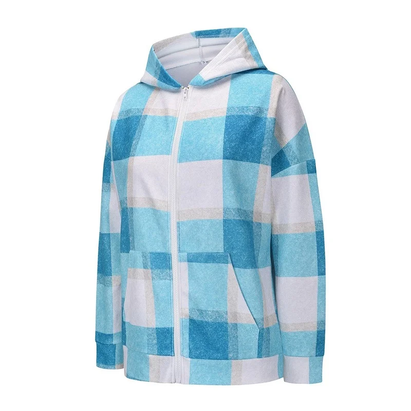 Loose Plaid Plush Hooded Sweatshirts Women Multicolor Big Pocket Zip Up Loose Casual Hoodies Autumn Winter Light Warm Clothing