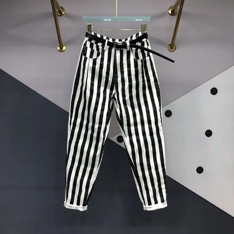 Stretch Casual Ankle-length Harem Pants for Women 2023 New Spring Autumn All-match High Waist Streetwear Casual Striped Trousers women s ankle length faux jeans spring fall white denim pants baggy casual harem vaqueros elastic high waist straight trousers