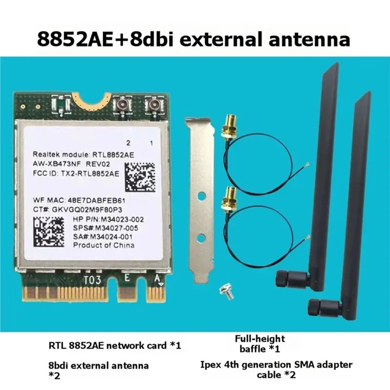 A23F-RTL8852AE Wifi 6 네트워크 카드(8Dbi 외부 안테나 포함) 1800M 무선 Wifi 모듈 Windows 10 11용 M.2 NGFF 어댑터