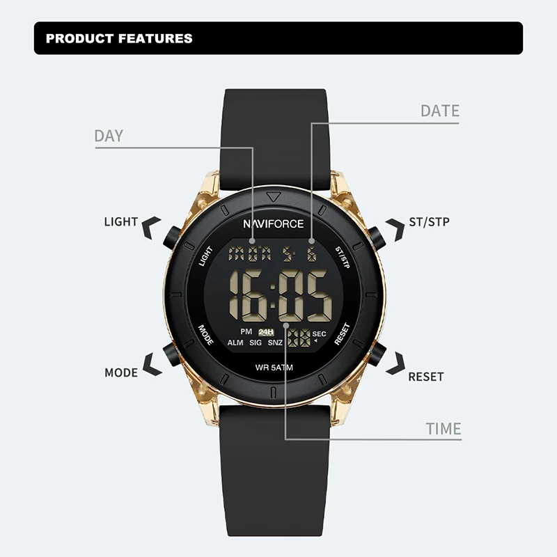 2024 New NAVIFORCE Brand Watches for Women LCD Digital Business 5ATM Water Resistant Clock Silicone Strap Electronic Wristwatch 2