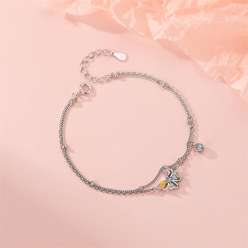 

925 Sterling Silver Korean Colorful Zircon Hollow Butterfly Bracelet For Women Fashion Simple Elegant Charm Jewelry Accessories