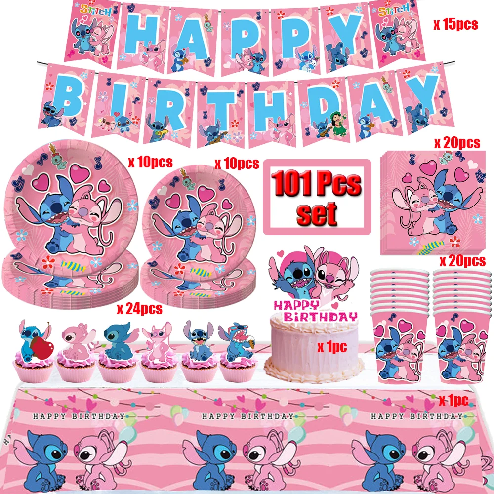 Disney Pink Stitch Birthday Party Decoration Lilo & Stitch Tableware Cups Plates Napkin Baby Shower Kids Party Gift Toys Set