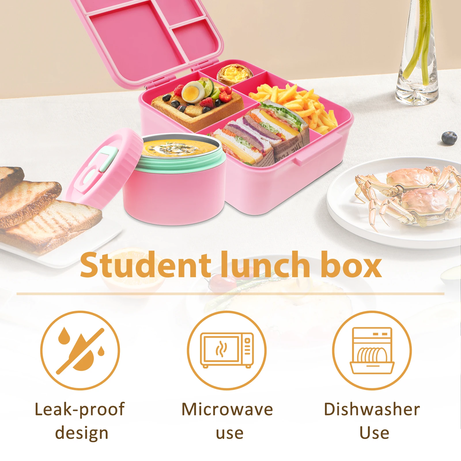 Large 1700ml Portable Sealed Lunch Box with Utensils and Soup Bowl - Ideal for Office, School, and On-the-Go Meals