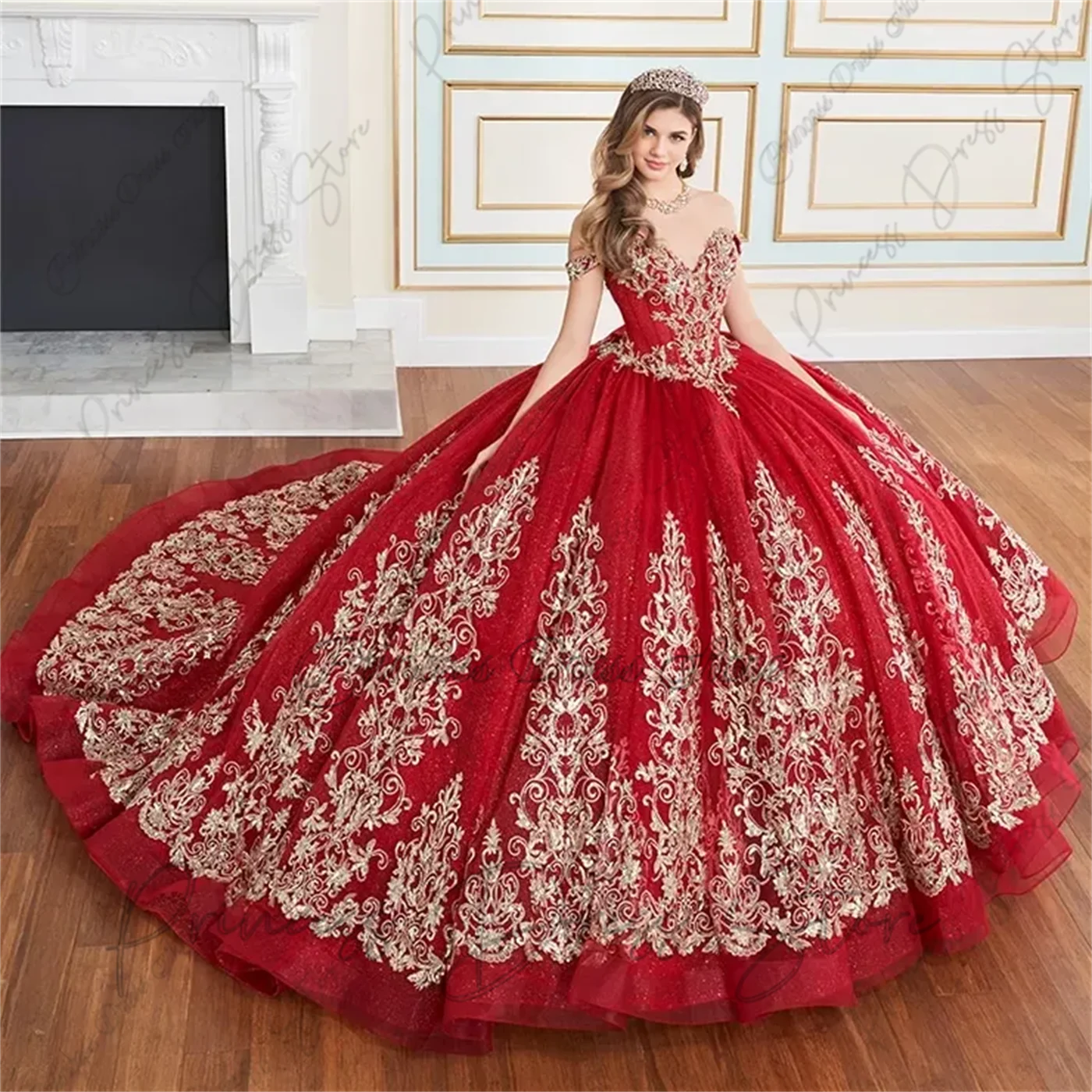 Glitter Quinnceanera Dress Ball Gown Shiny Gold Lace Applique Beading Mexican Sweet 16 Vestidos De 15Anos Party Dress