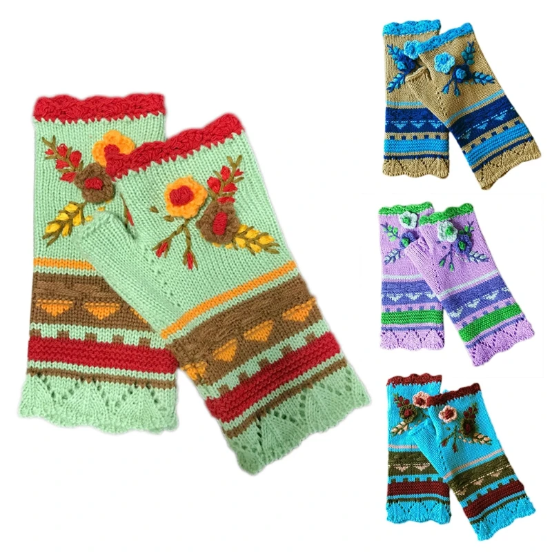 

Women Winter Chunky Knit Texting Fingerless Gloves Ethnic Vintage Multicolor Striped Crochet Floral Thumb Hole Arm Drop shipping