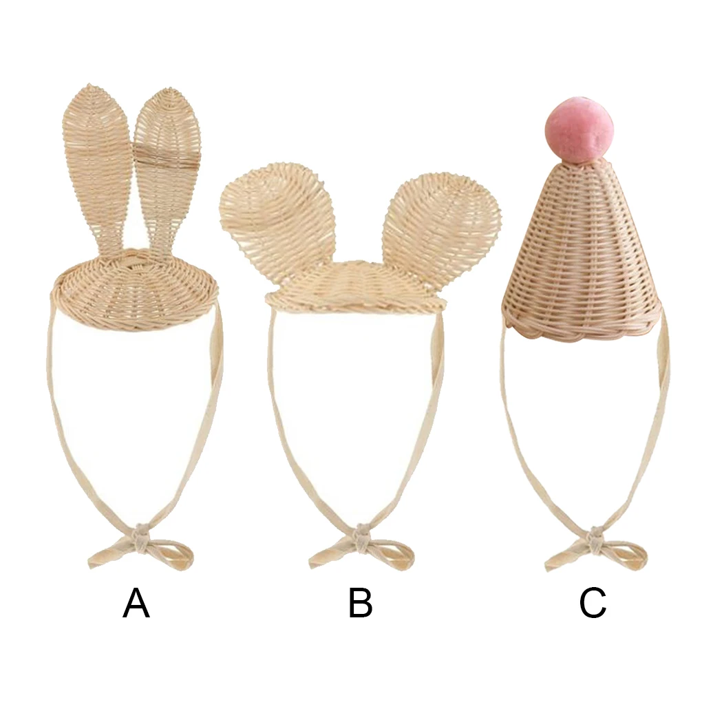 Chapeau en rotin pour enfants, accessoires de photographie de printemps, tissage de mode, conception d'oreille, chapeaux de dessin animé, garçons, école, vacances, oreilles de souris