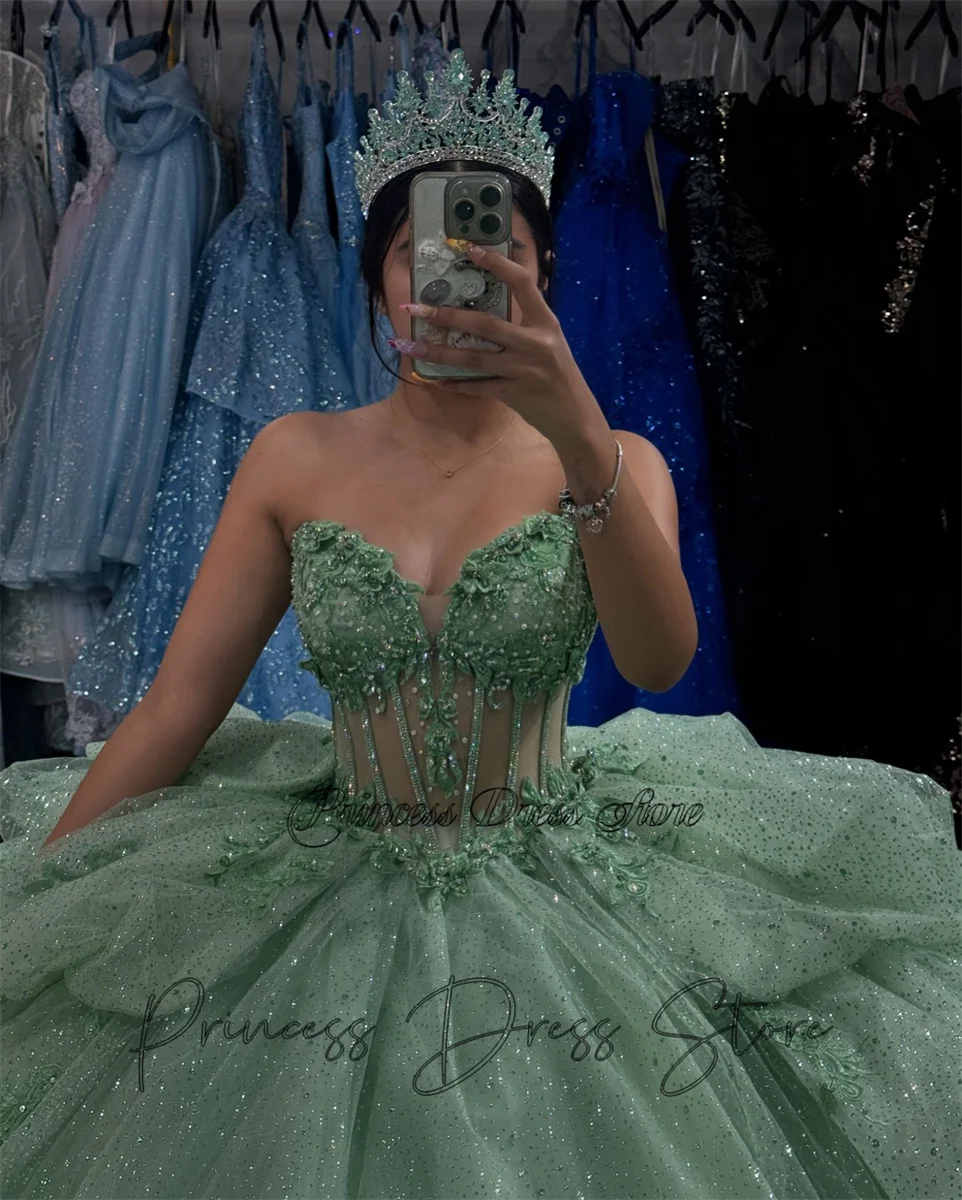 Quinceanera Dress Ball Gown 3D Floral Applique Beaded Bow Corset Sweet 16