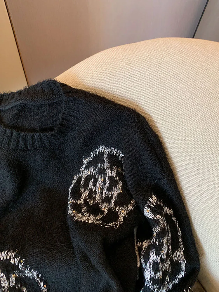 2023 Autumn Winter Black O-Neck Sweaters New Fashion Casual Knitted Top Pullovers Office Lady Oversized Jacquard Sweater Gothic