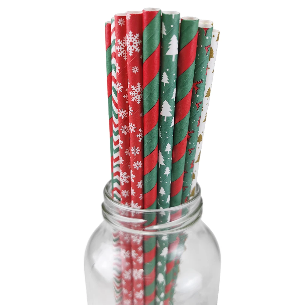 thumbnail image 1 of 25 pajitas de papel desechables para Navidad, diseño de copos de nieve, árbol de Navidad, alce, gorro de Navidad, pajitas para bebidas, suministros para fiestas navideñas, 1 of 5