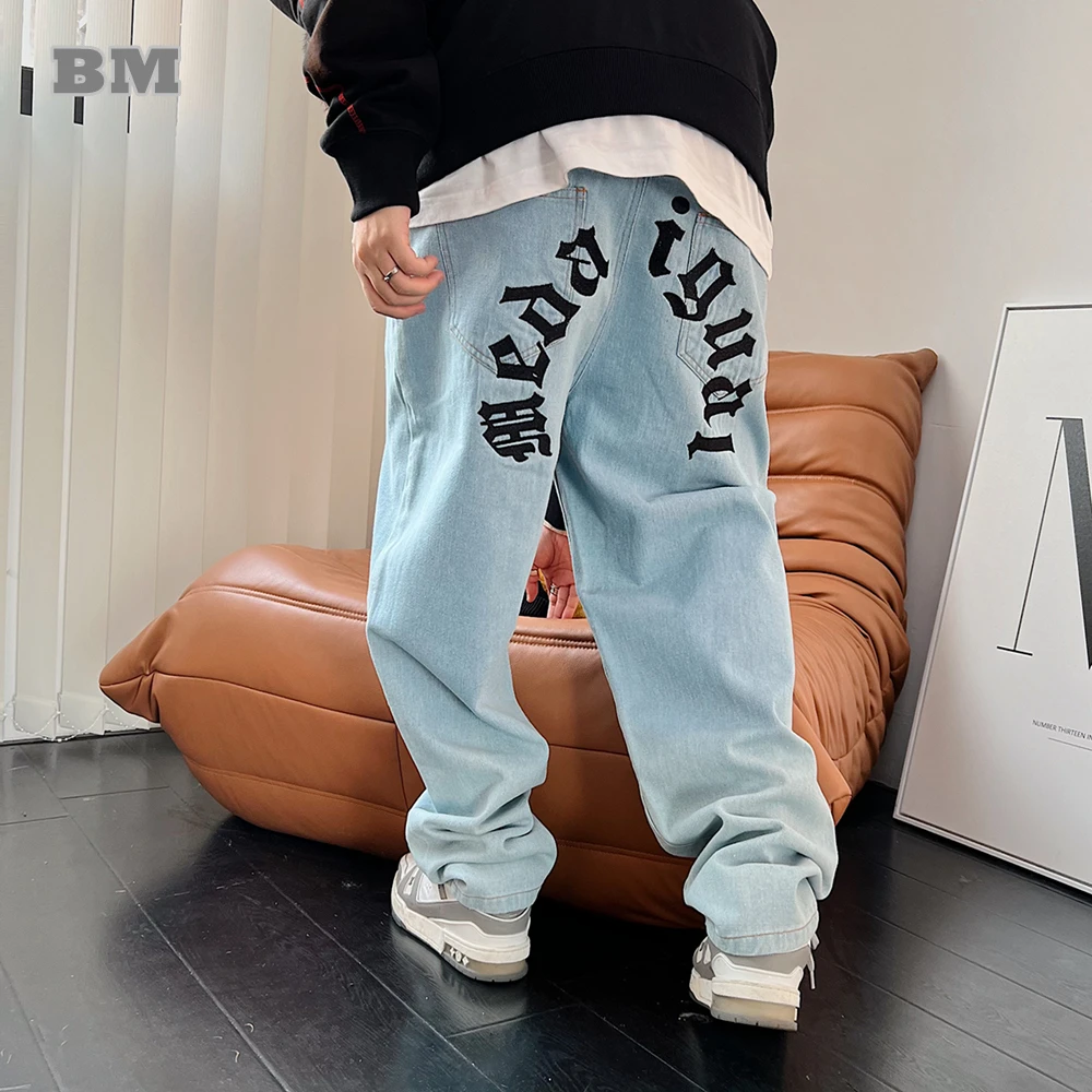 American Hip Hop Skateboards Jeans Streetwear Letter Embroidery Straight Denim Trousers Men Clothing Harajuku Casual Cargo Pants black jeans men