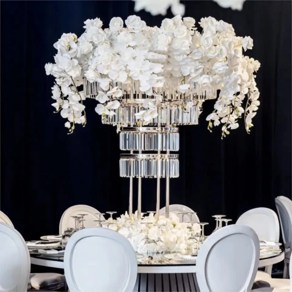 

Hot Sale Tall Gold Wedding Crystal Centerpiece 4 Layers Custom Table Decoration Metal Wedding Stand Centerpieces