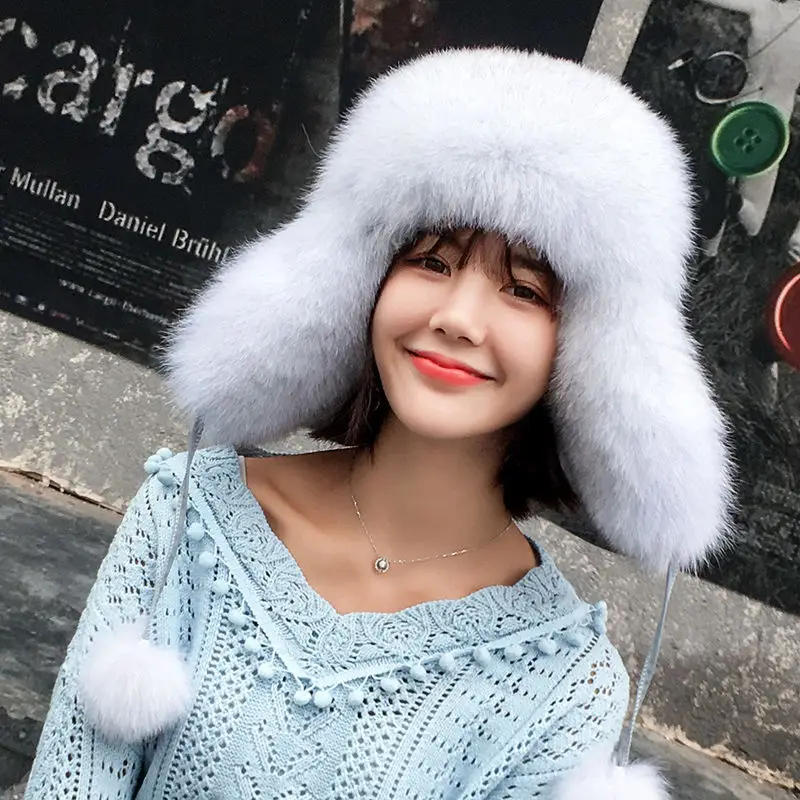 Fur Hat Winter Hat Real Fox Fur Hats Women&rsquo;s Russian Ushanka Aviator Trapper Snow Skiing Hat Caps Earflap