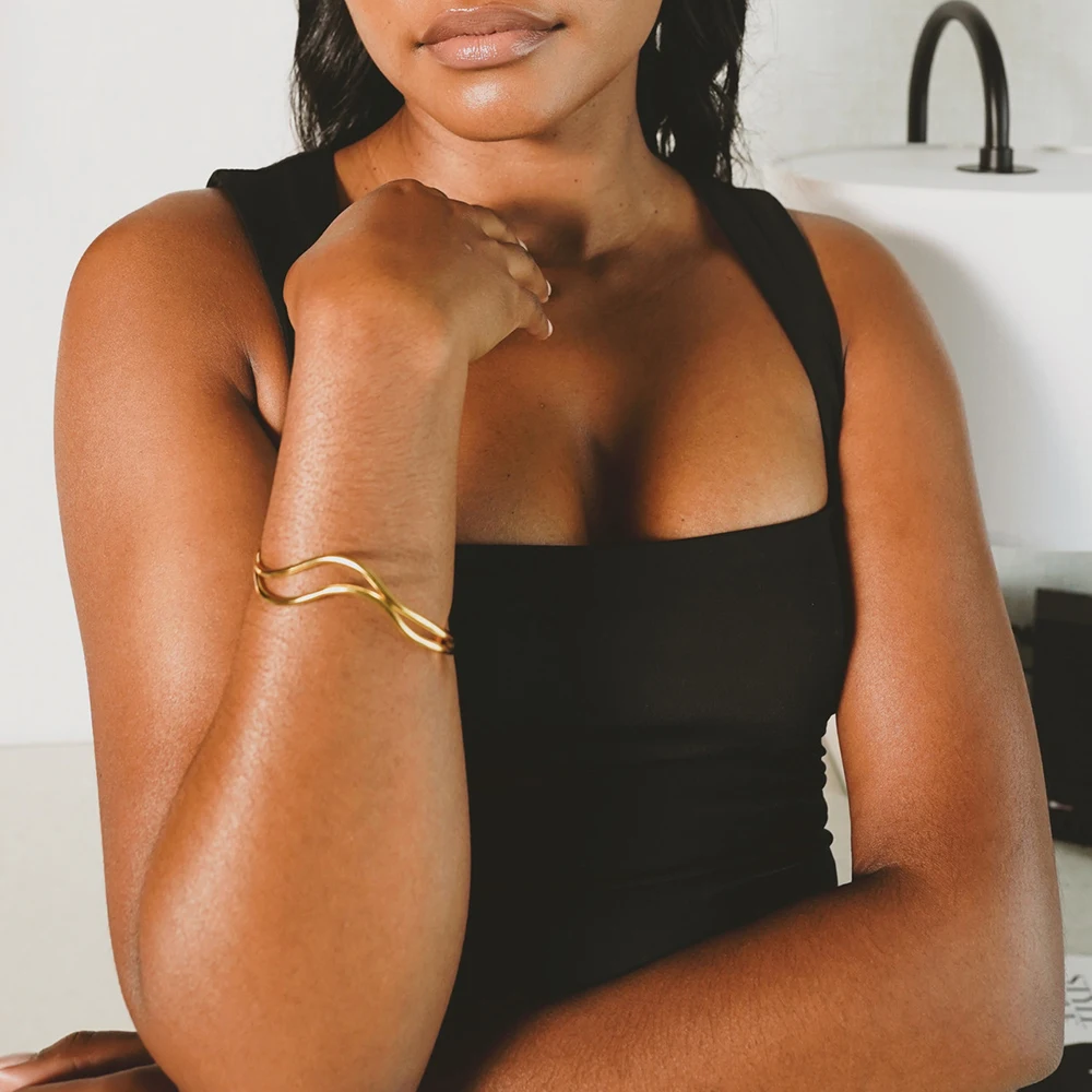 Stainless Steel PVD Double Wire Bracelet Thin River-shape Wave Bracelet Waterproof Ripple Geometric Cuff Bangle Open Adjustable