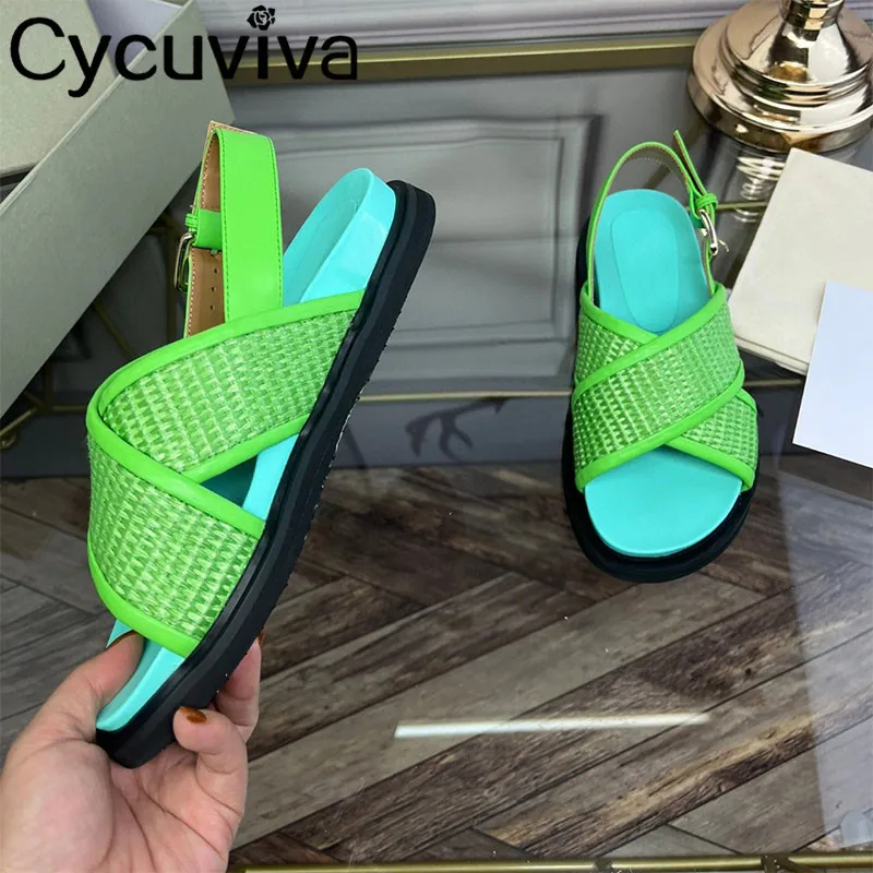 

Summer Casual Beach Flat Sandals For Women Round Toe Cross Band Thick Bottom Rome Sandals New Hot Sale Luxury Brand Shoes Women