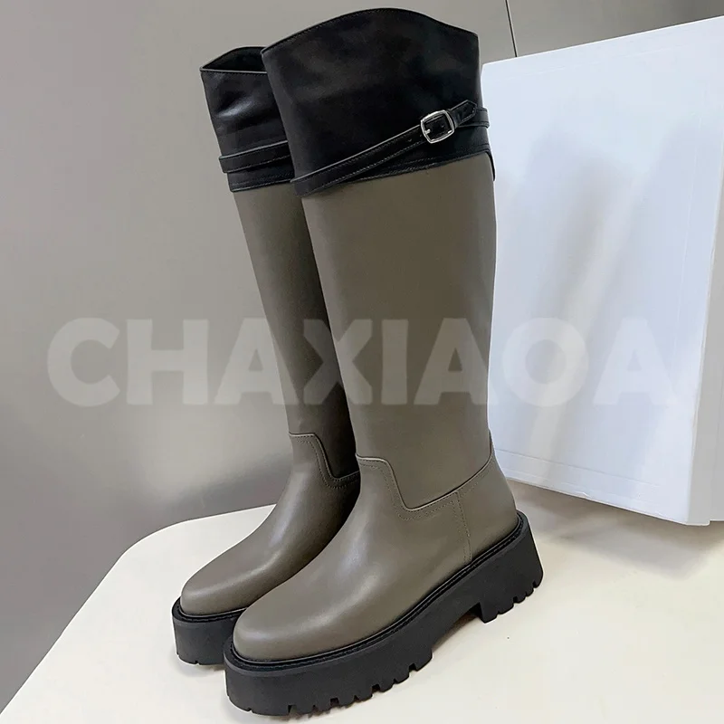 

Woman High Boots Autumn Winter New Genuine Leather Upper Belt Buckled Decor Round Toe Long Boots Concise Versatile Women Shoes