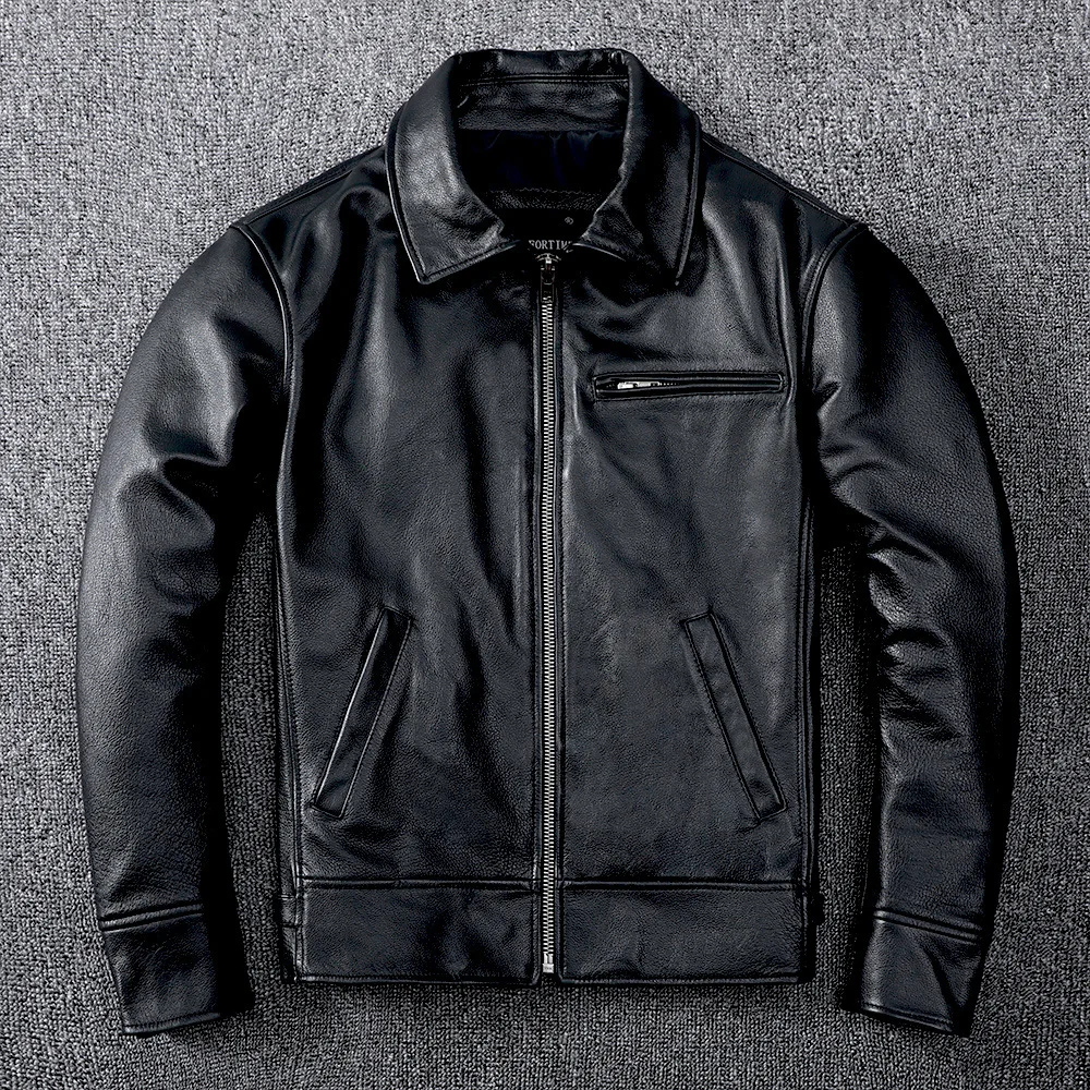 

2023 Winter Genuine Cowhide Slim Fit Vintage Black Motorcycle Leather Jacket Mens Biker Racer Jackets Oblique Oversized