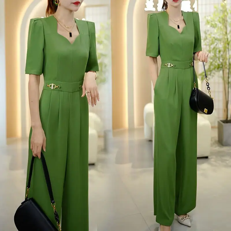 Lazy Style Slimming Short Sleeved Jumpsuit For Women 2025 Summer New Fashion French V-neck Versatile trend Long Women's Rompers