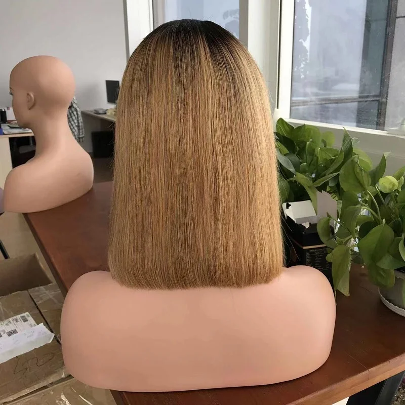 Blonde Color Lace Front Human Hair Wigs Ombre T4/27 Straight Short Bob Transparent Lace Frontal Brazilian Remy Hair Closure Wig