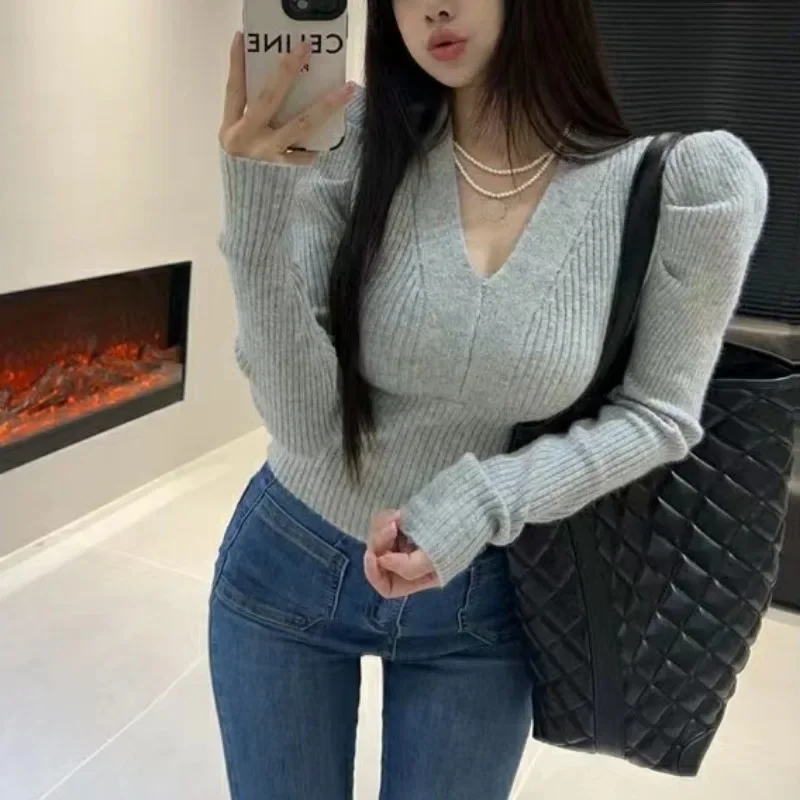 

Autumn Knitted Sexy Sweater Casual Women Clothes Fashion V-neck Short Pullover Korean Style Puff Long Sleeve Tops Jumper 28404