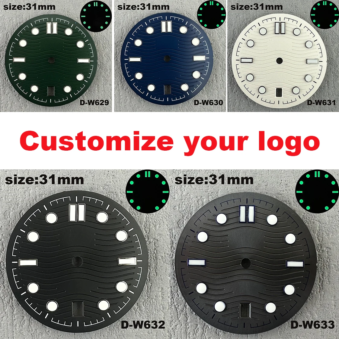 

31mm dial NH35 dial with date window Aseptic luminescent dial at 6 o'clock Customized logo for NH35 movement Seahorse style dial